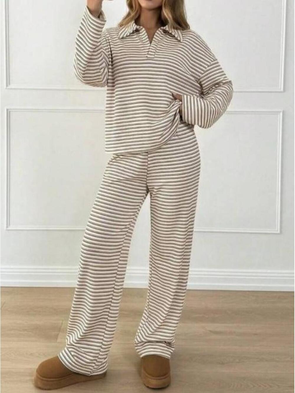 Cream Brown Striped Two Piece Matching Set Size L
